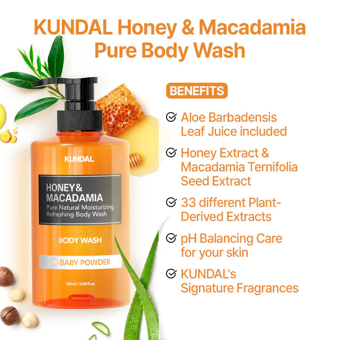 KUNDAL – Honey & Macadamia Pure Body Wash, Amber Vanilla, 500ml